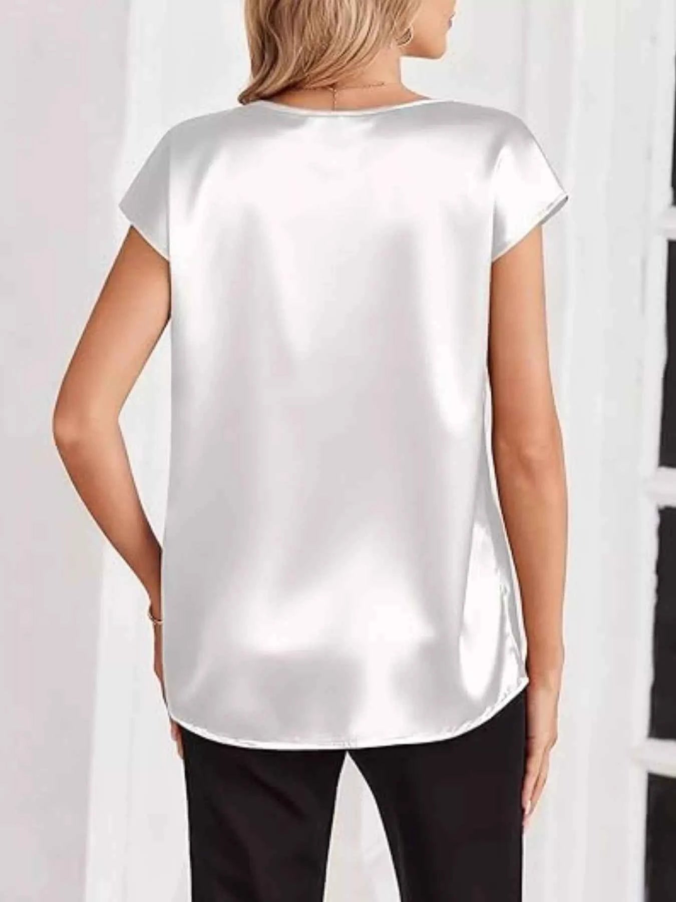 Satin V-Neck Short Sleeve Blouse