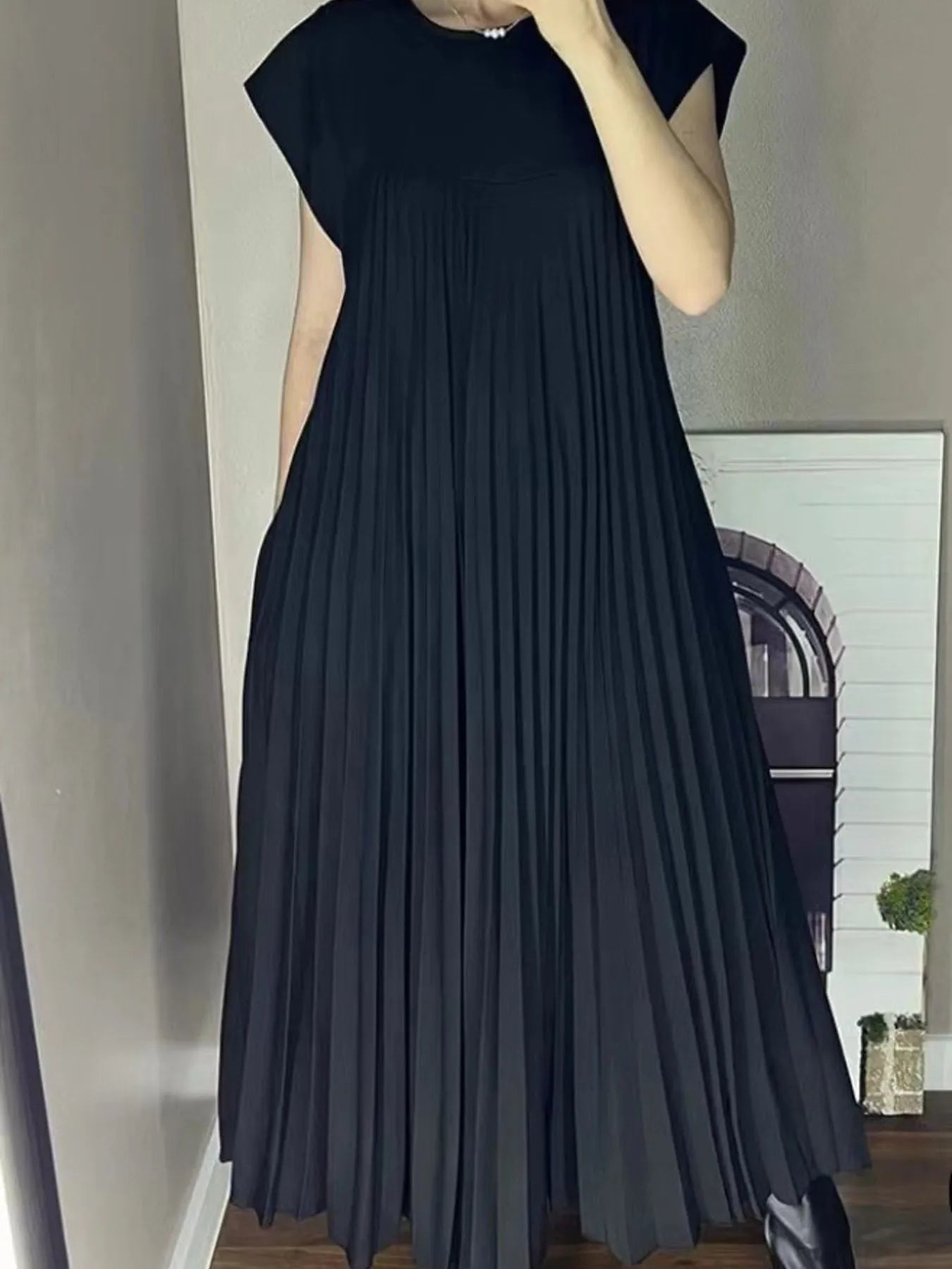 Pleated Round Neck Maxi Dress by Shopiebay