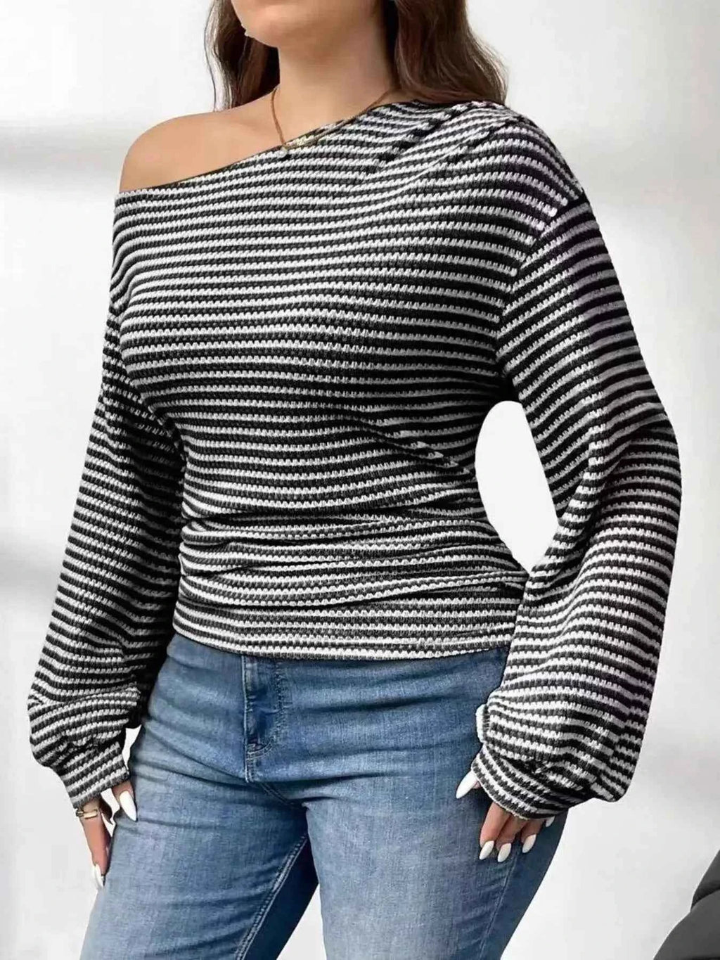 Striped One-Shoulder Plus Size Long Sleeve T Shirt