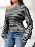 Striped One-Shoulder Plus Size Long Sleeve T Shirt