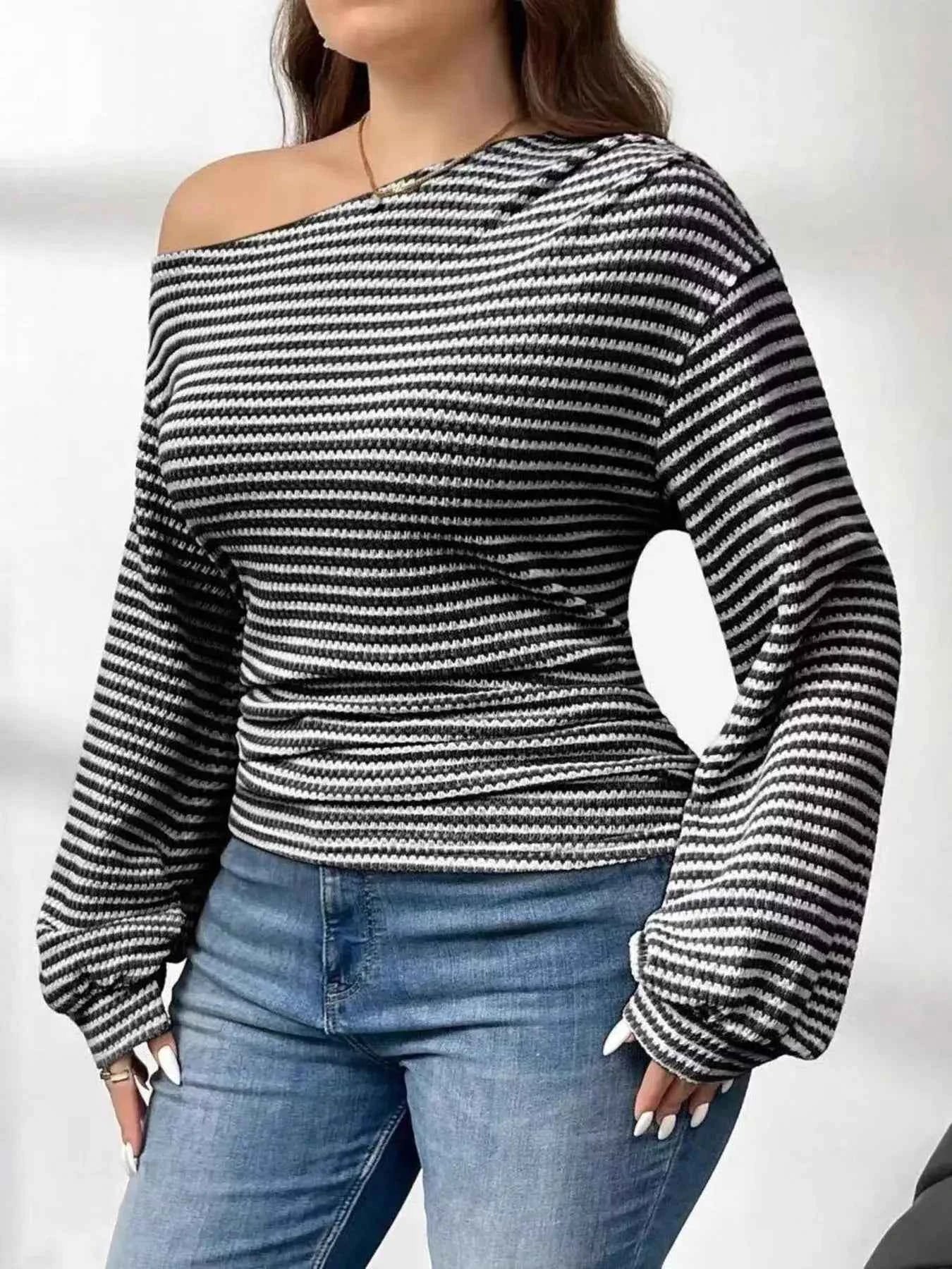 Striped One-Shoulder Plus Size Long Sleeve T Shirt