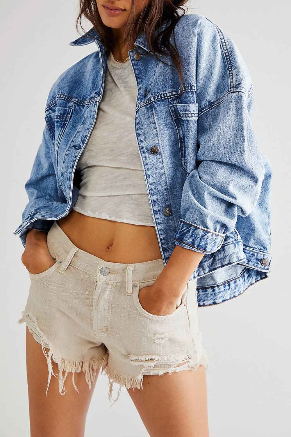 Blue Stripe Washed Oversized Pocketed Denim Jacket