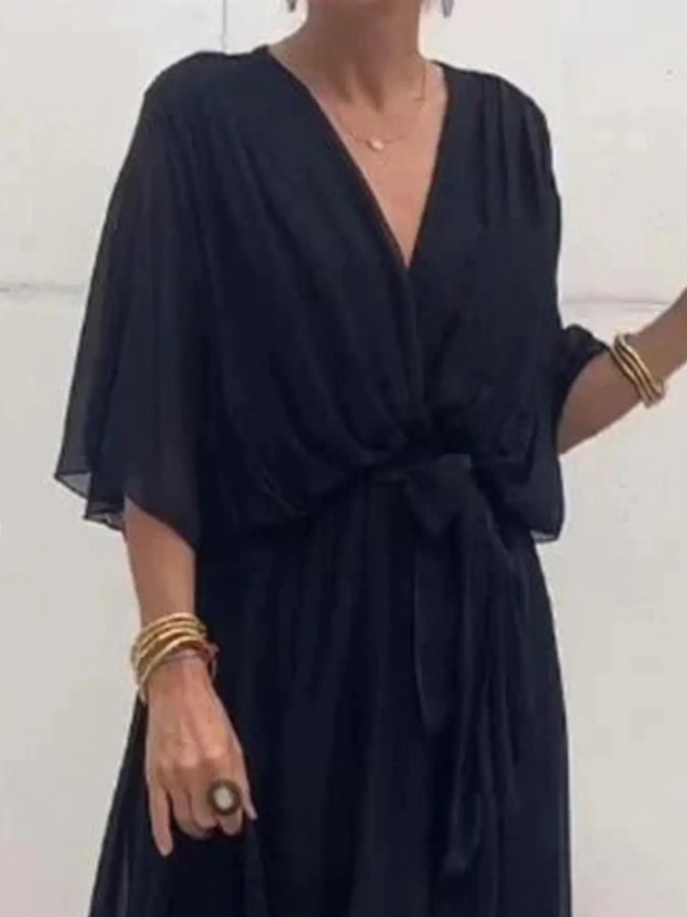 Flowy Tie Front Midi Dress with Flutter Sleeves by Shopiebay