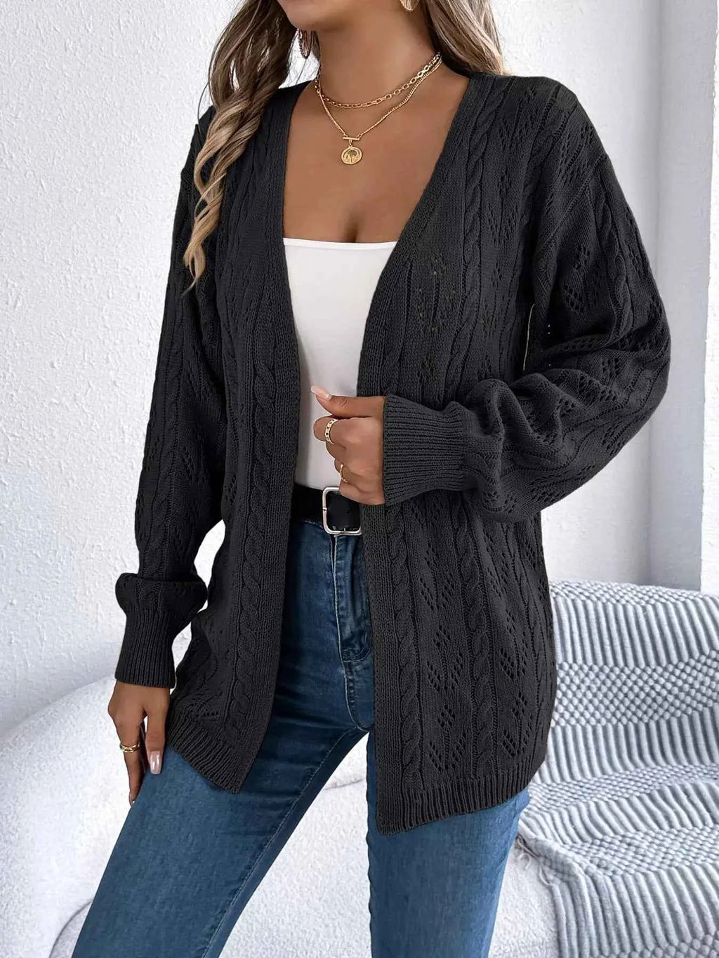 Openwork Open Front Long Sleeve Cardigan