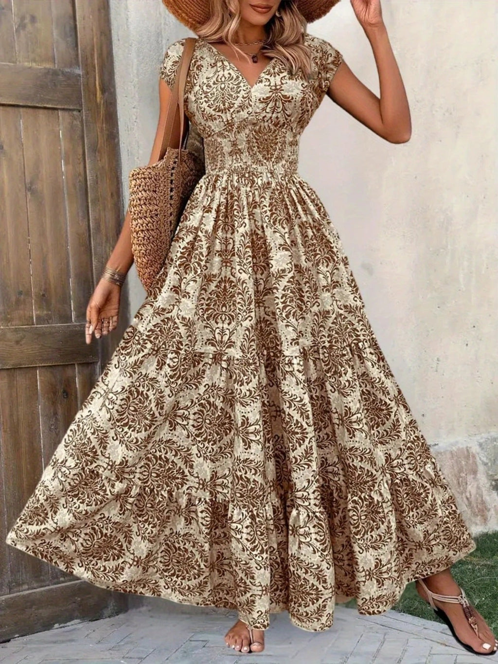 Printed Cap Sleeve Maxi Dress by Shopiebay