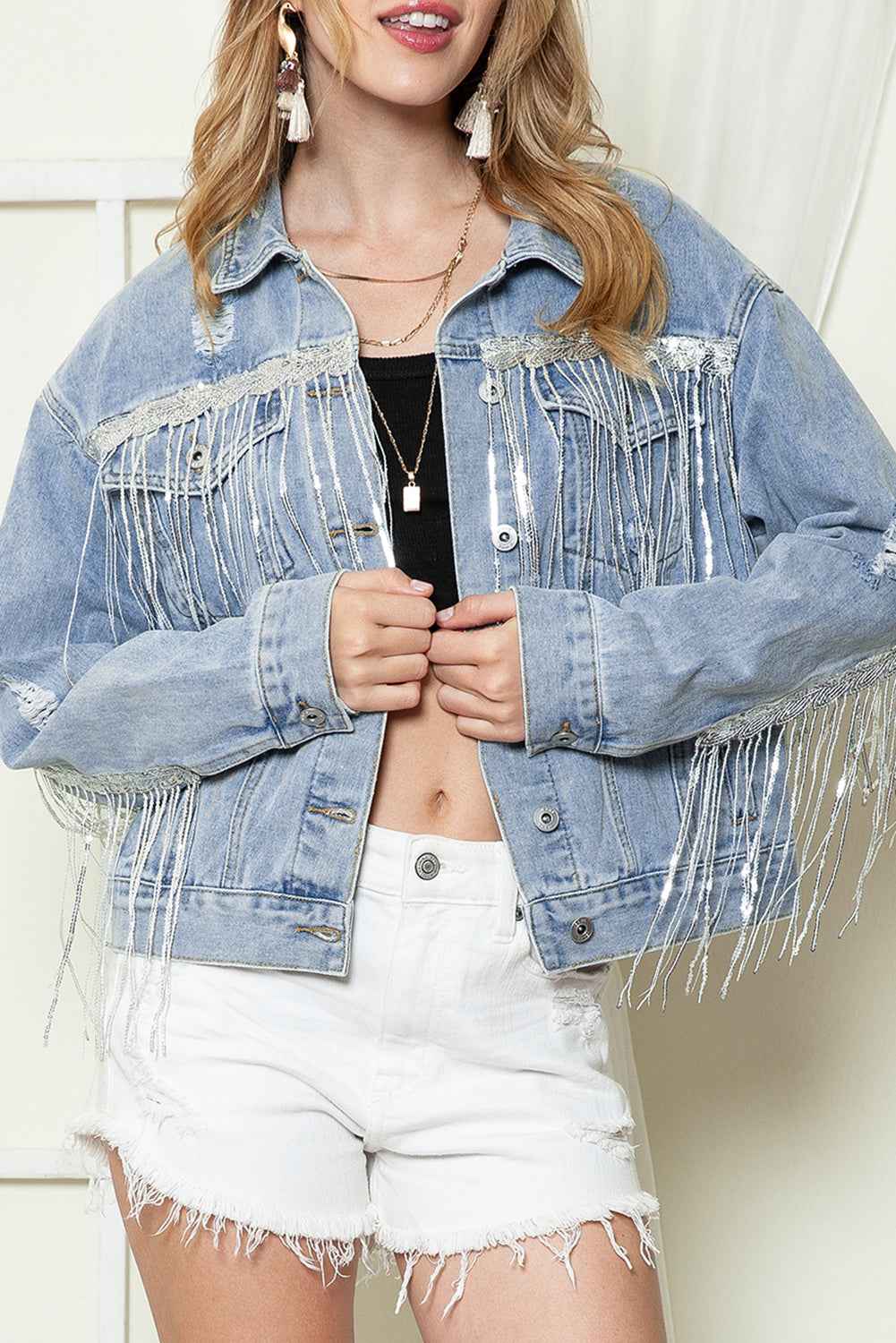 Blue Sequined Fringe Distressed Button Up Denim Jacket