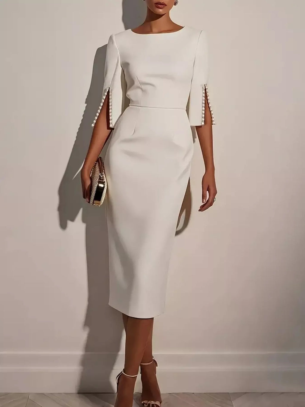 Slim-Fit Elegant Midi Dress with Beaded Slit Sleeve by Shopiebay