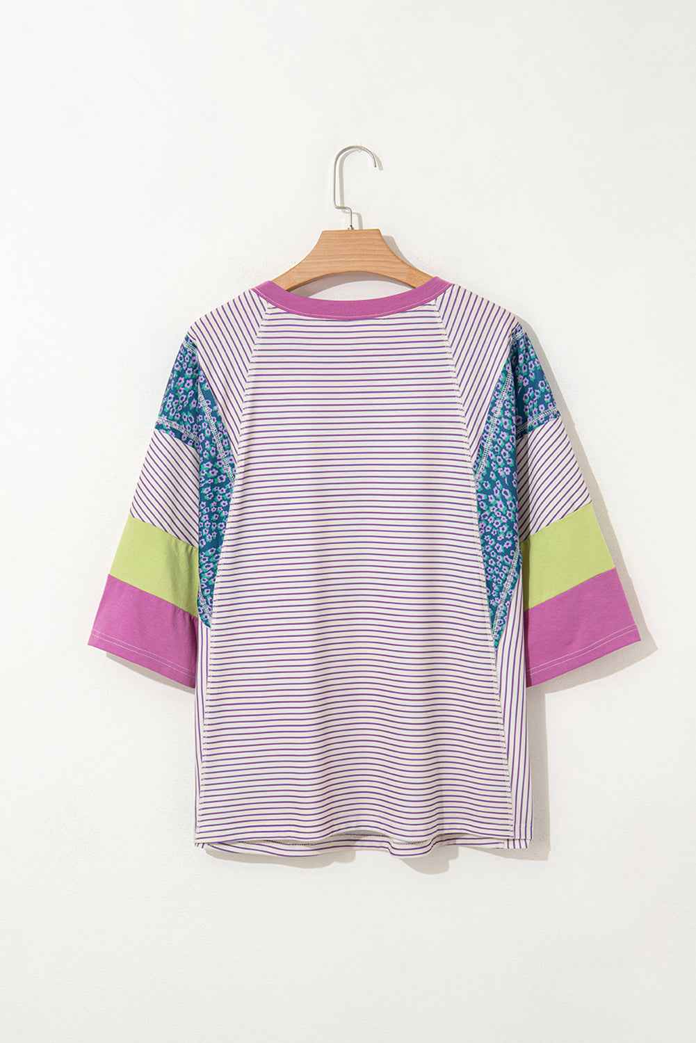 Purple Stripe Floral Color Block Raw Edge Patchwork Bracelet Sleeve Blouse