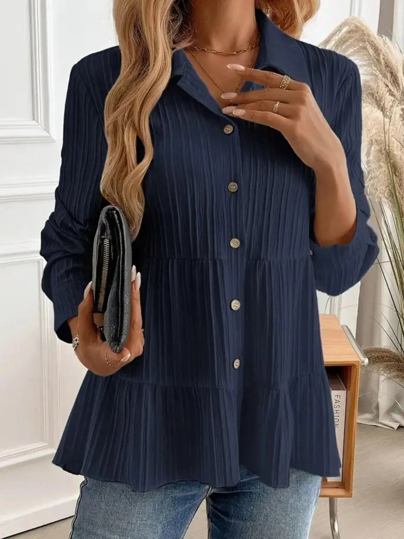Striped Tiered  Button Down Shirt