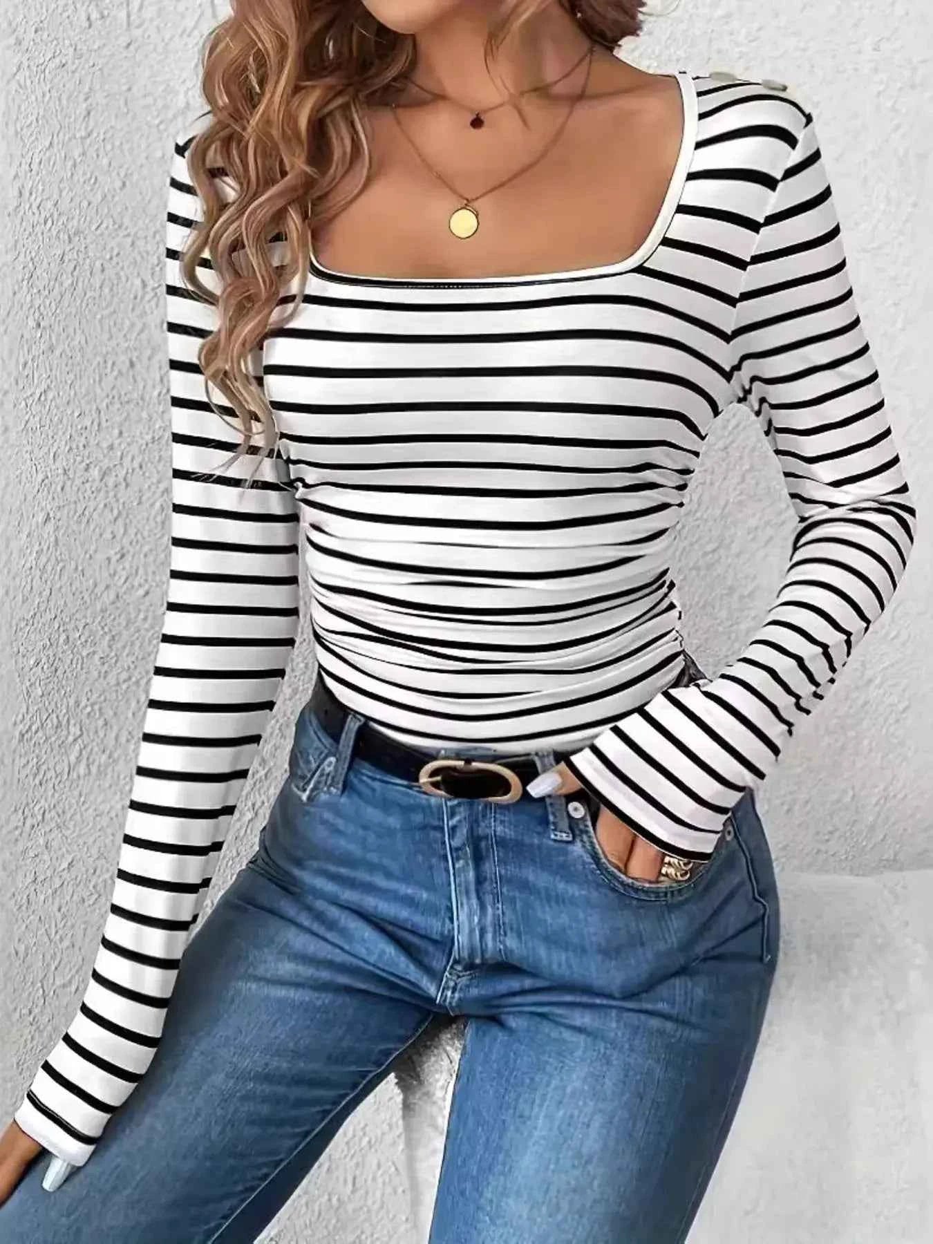 Striped Square Neck Womens Long Sleeve T Shirt