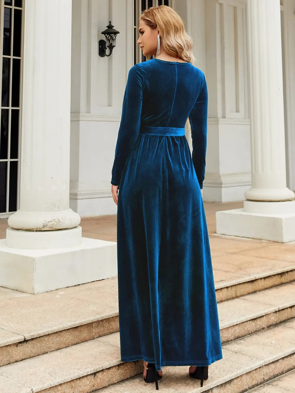 Tie Front Round Neck Long Sleeve Maxi Dress by Shopiebay