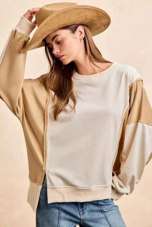 BiBi French Terry Color Block Top With Open Seam Detail by Wild and Free Boutique