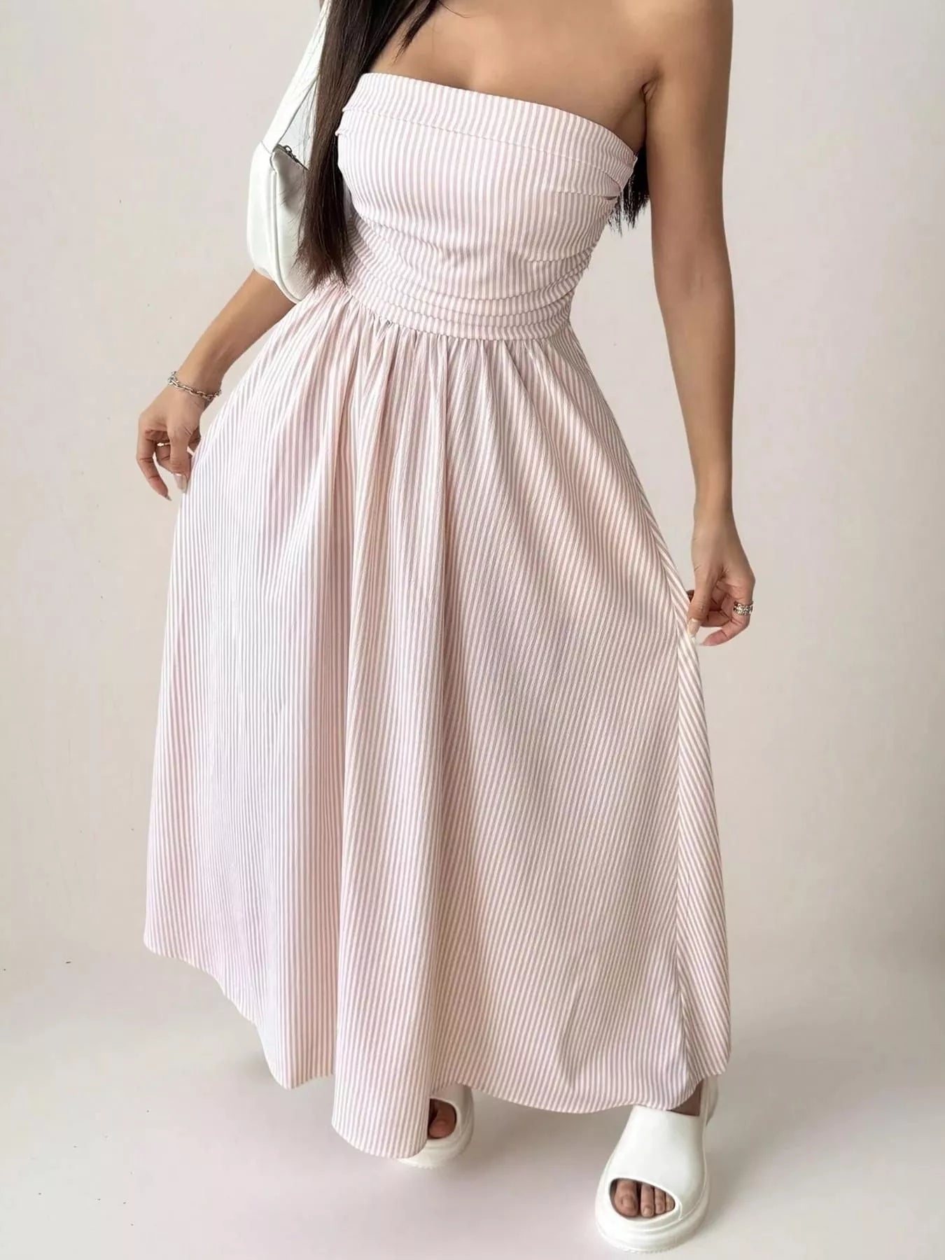 Striped Strapless Casual Maxi Dress by Shopiebay