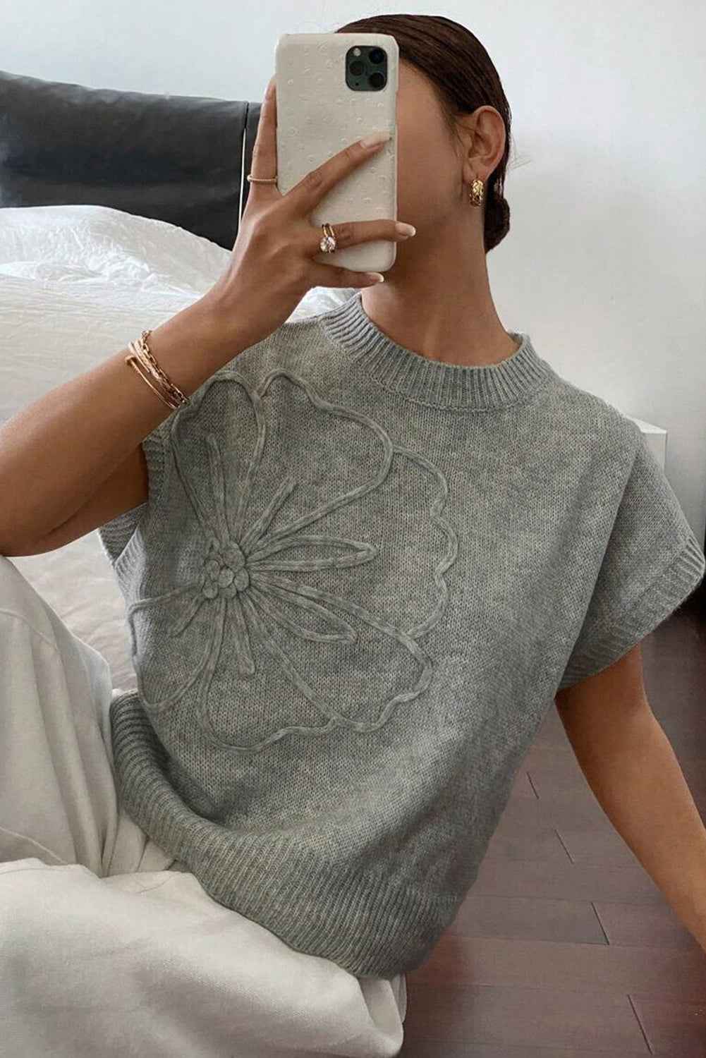 High Flower Pattern Ribbed Trim Short Sleeve Boxy Sweater