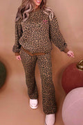 Coffee Allover Leopard Print Contrast Trim Long Sleeve Top and Pants Set