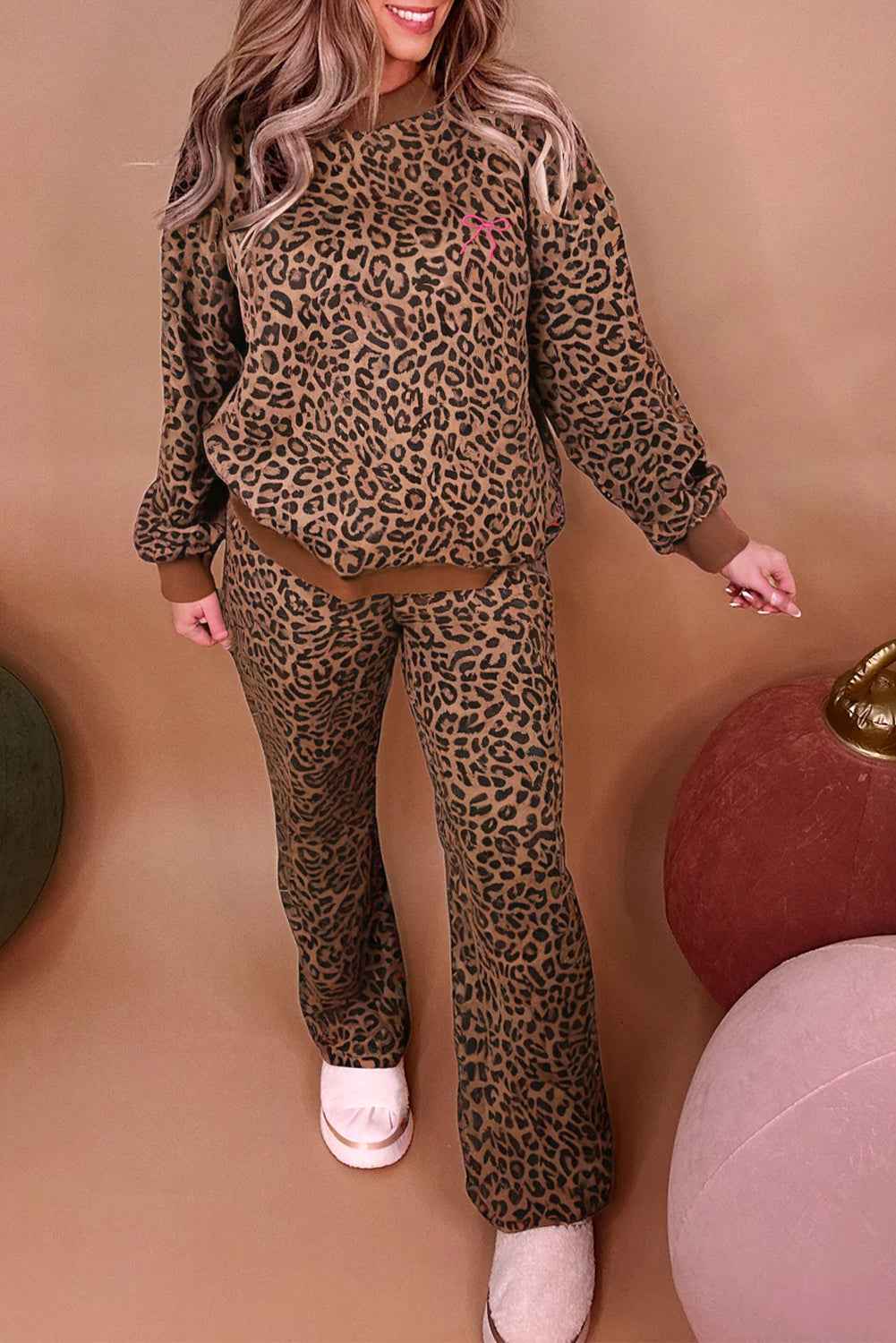Coffee Allover Leopard Print Contrast Trim Long Sleeve Top and Pants Set