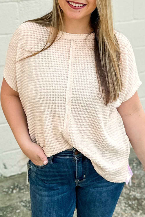 Beige Waffle Exposed Seam Detail Plus Size Short Sleeve Top by Wild and Free Boutique