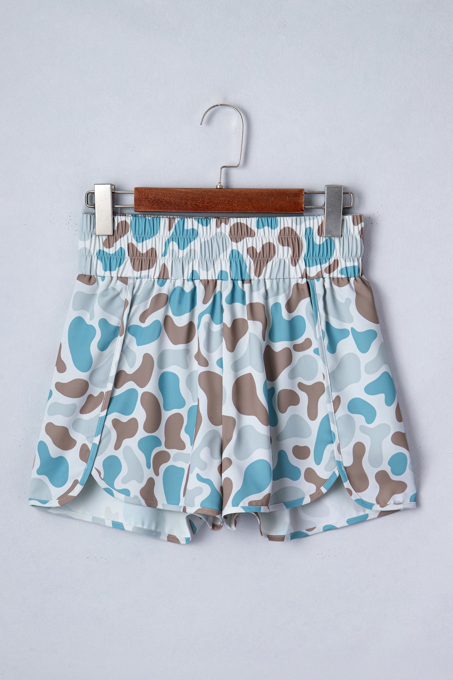 Sky Blue Camouflage Print Shirred High Waist Athleisure Shorts