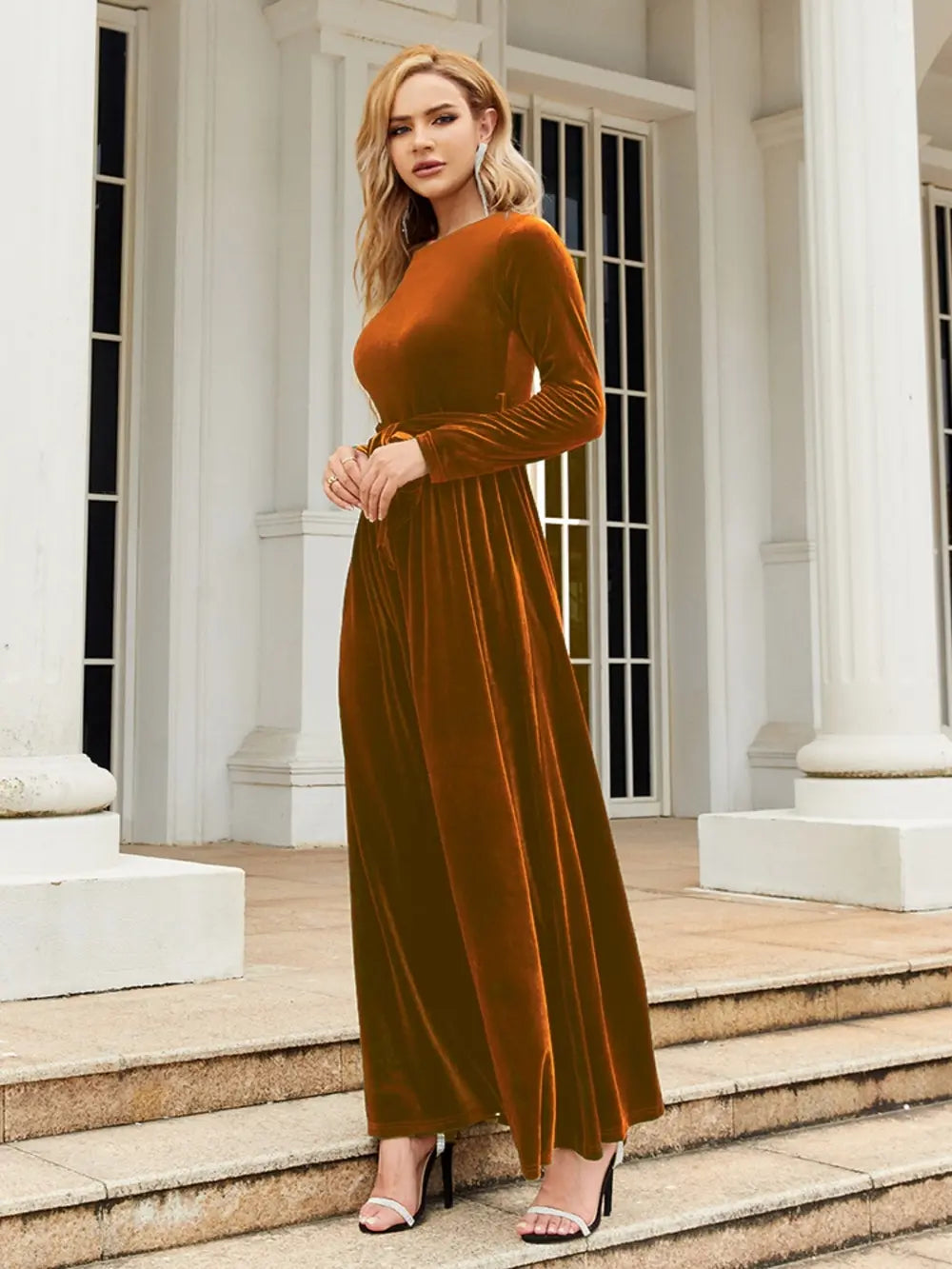 Tie Front Round Neck Long Sleeve Maxi Dress by Shopiebay