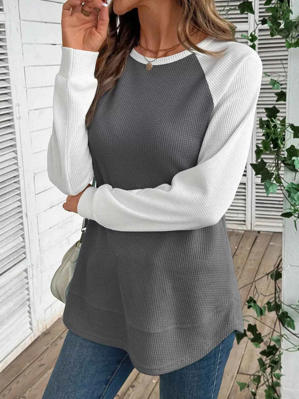 Waffle Knit Raglan Sleeve T-Shirt