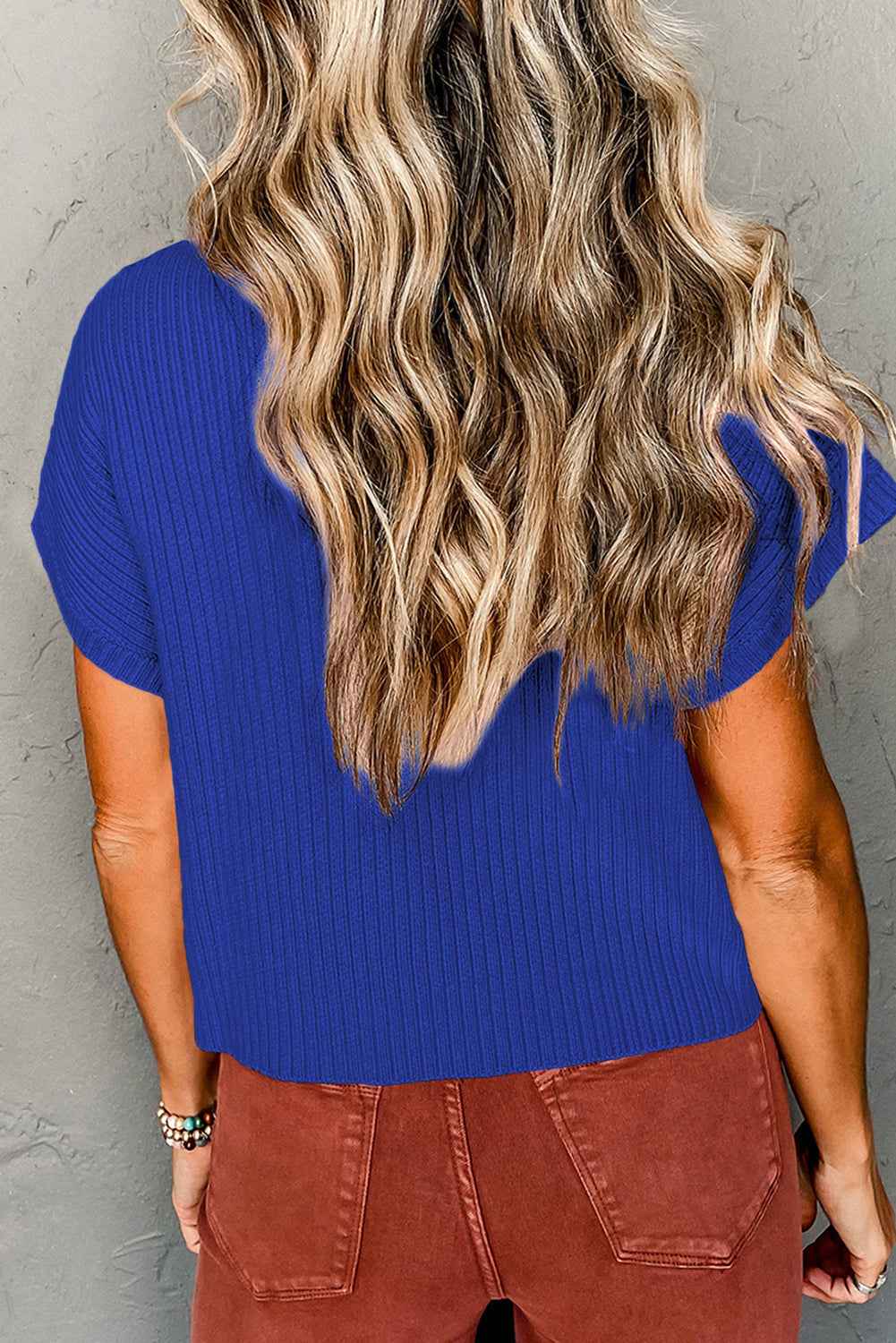 Dark Blue Patch Pocket Ribbed Knit Short Sleeve Sweater