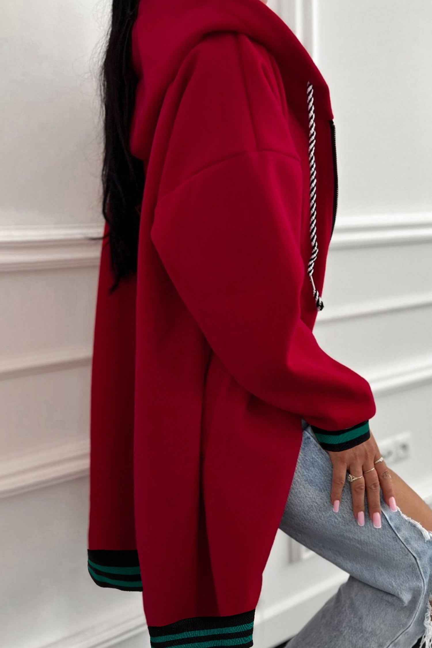 Racing Red Contrast Cuffed Drop Shoulder Zip up Tunic Hoodie