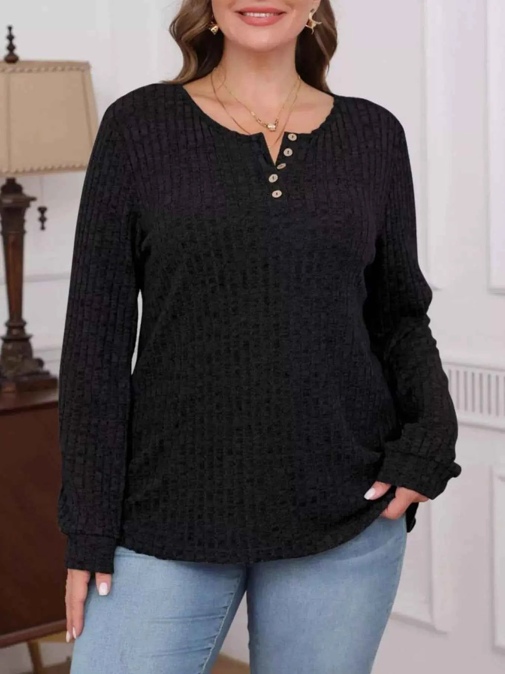 Ribbed Knit Button Front Long Sleeve T Shirt