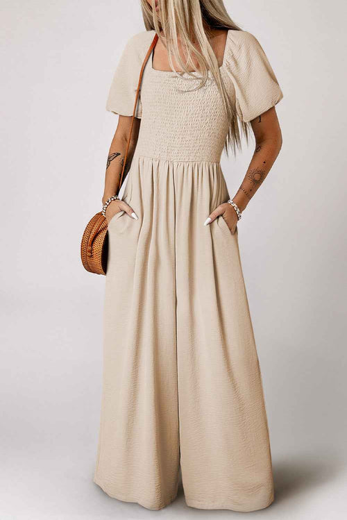 Apricot Short Bubble Sleeve Smocked Wide Leg Jumpsuit by Wild and Free Boutique