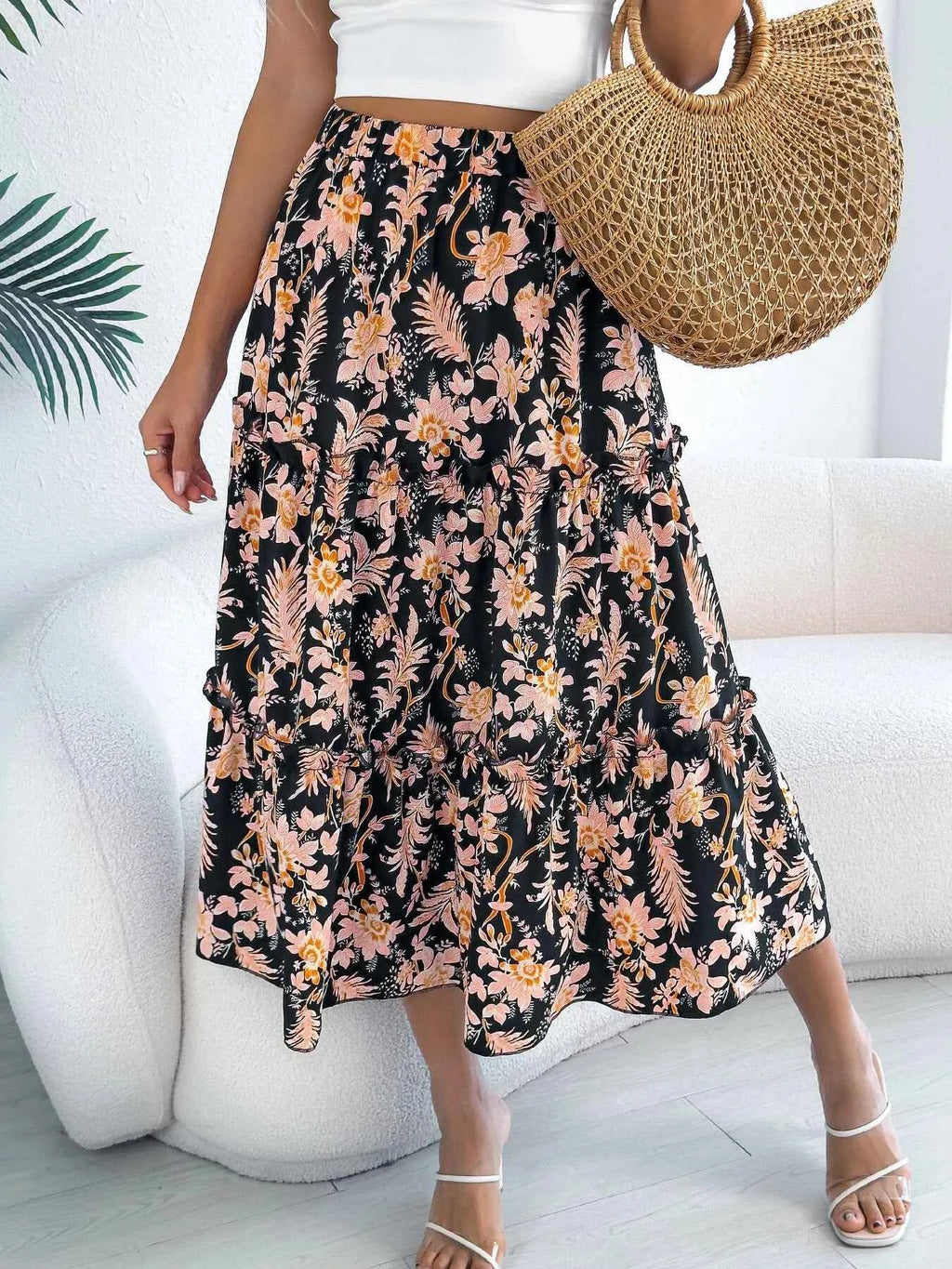 Floral Print Ruffle Hem Flowy Midi Skirt