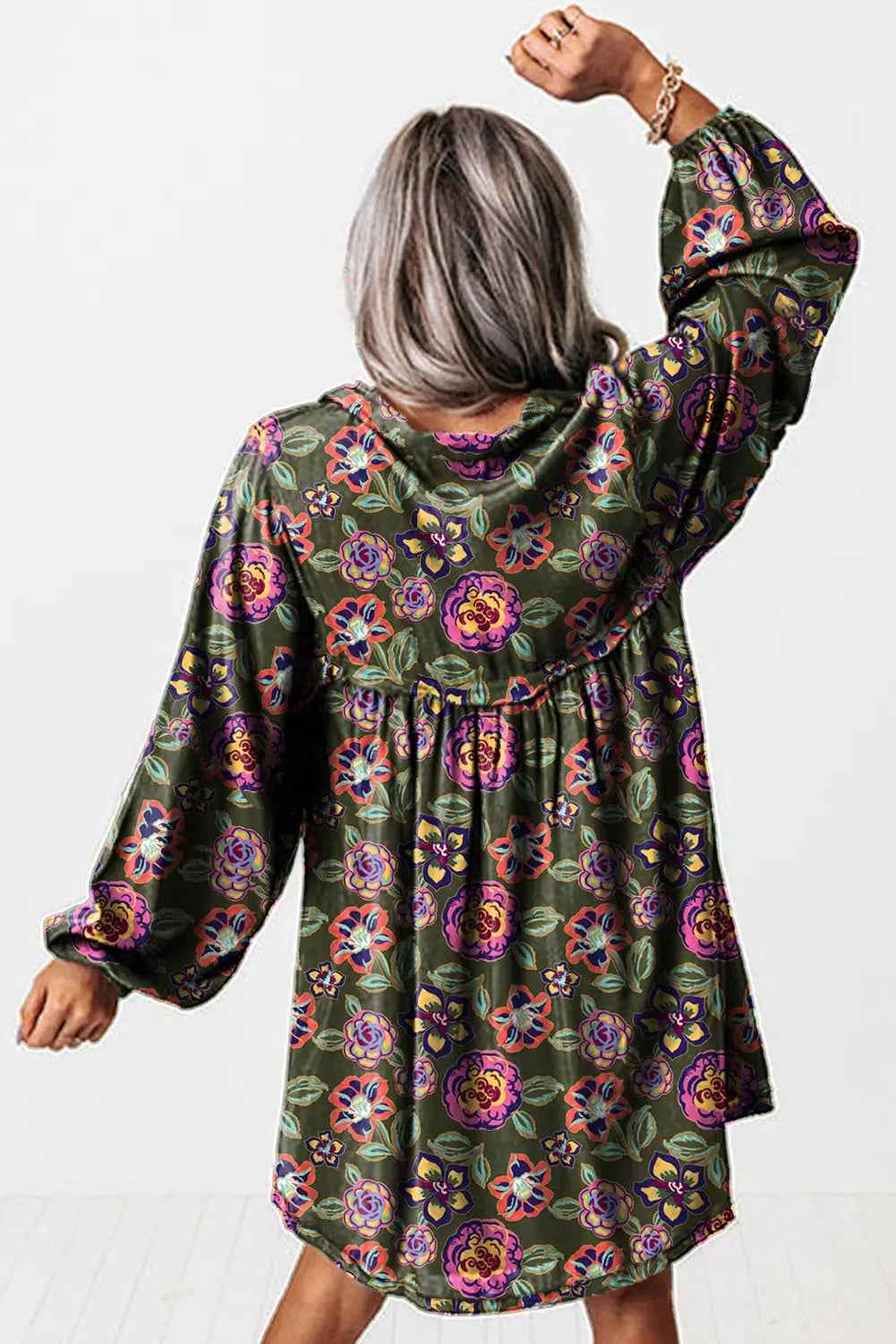 Floral Print Split Neck Bubble Sleeve Mini Dress