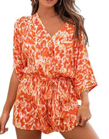 Women's V-neck Printed Lace-up Bat Jumpsuit
