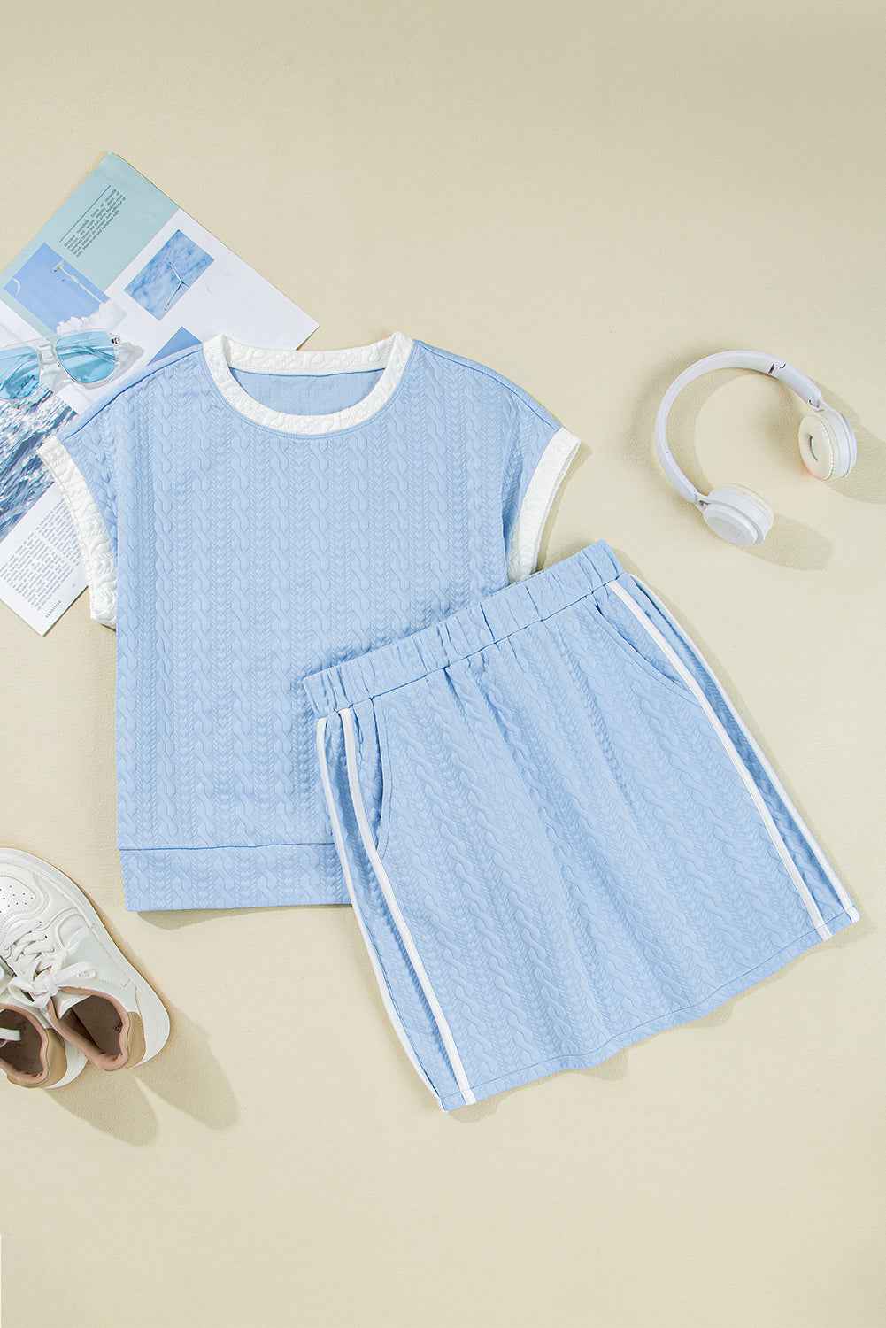Beau Blue Contrast Trim Textured Crewneck Top and Pocketed Skirt Set
