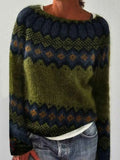 Full Size Vintage Patterned Round Neck Sweater Plus Size