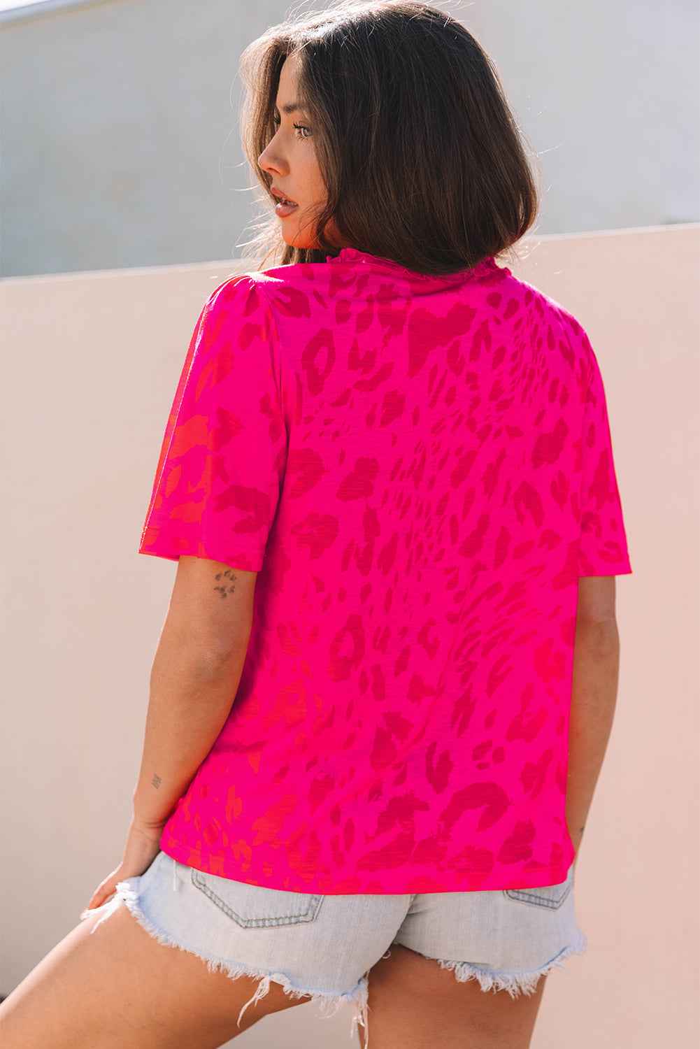 Rose Leopard Frilly V Neck Short Sleeve Blouse
