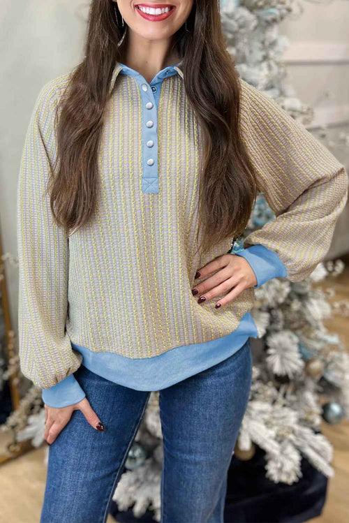 Beau Blue Button Front Jacquard Henley Sweatshirt by Wild and Free Boutique