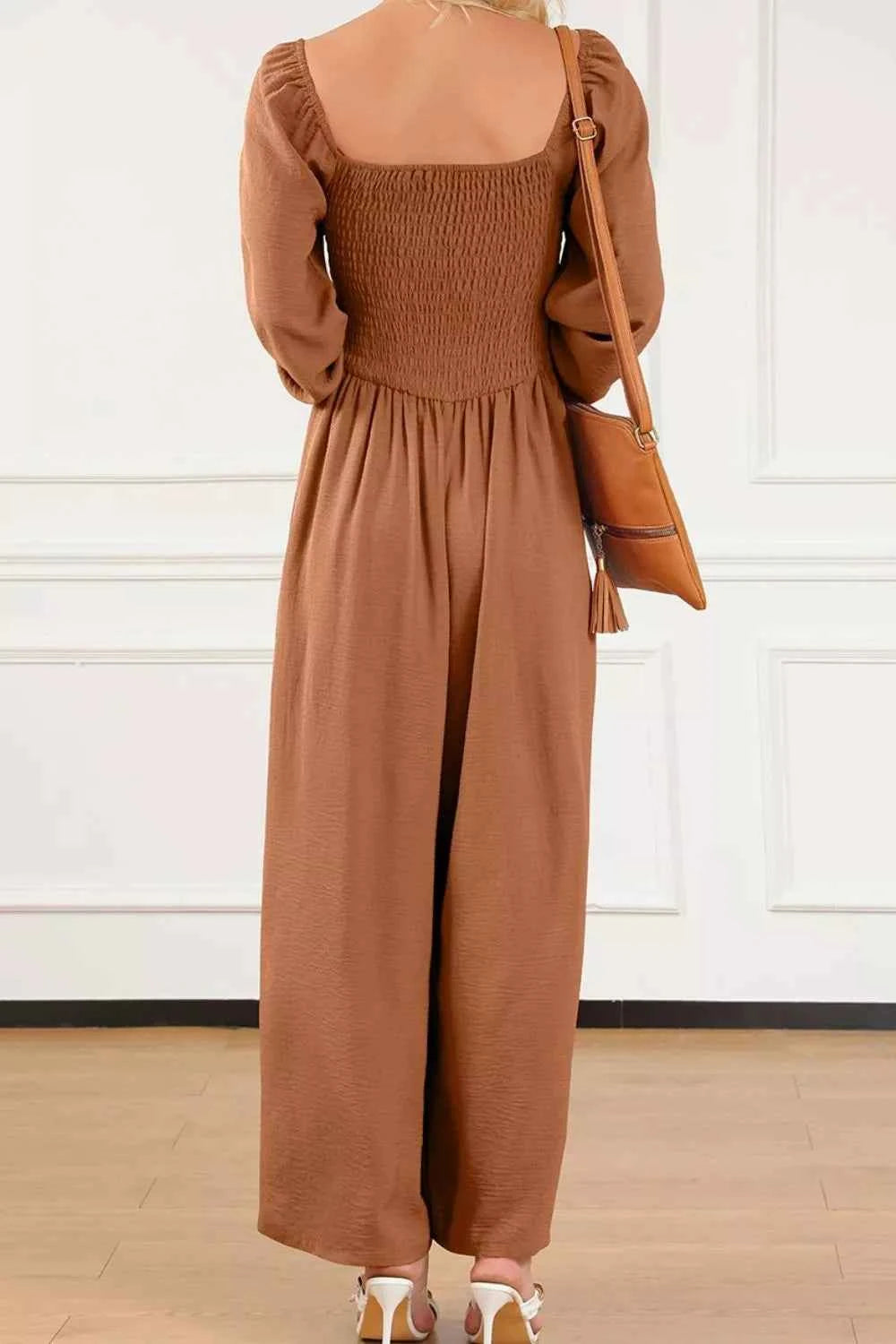 Boho Smocked Square Neck Wide Leg Jumpsuit