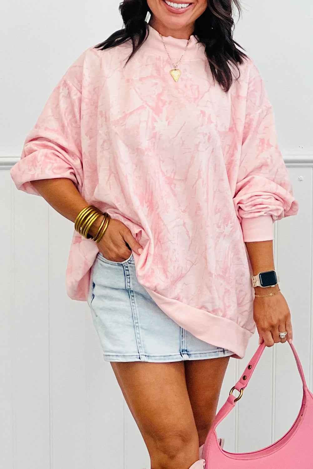 Khaki Camo Print Mock Neck Loose Sweatshirt
