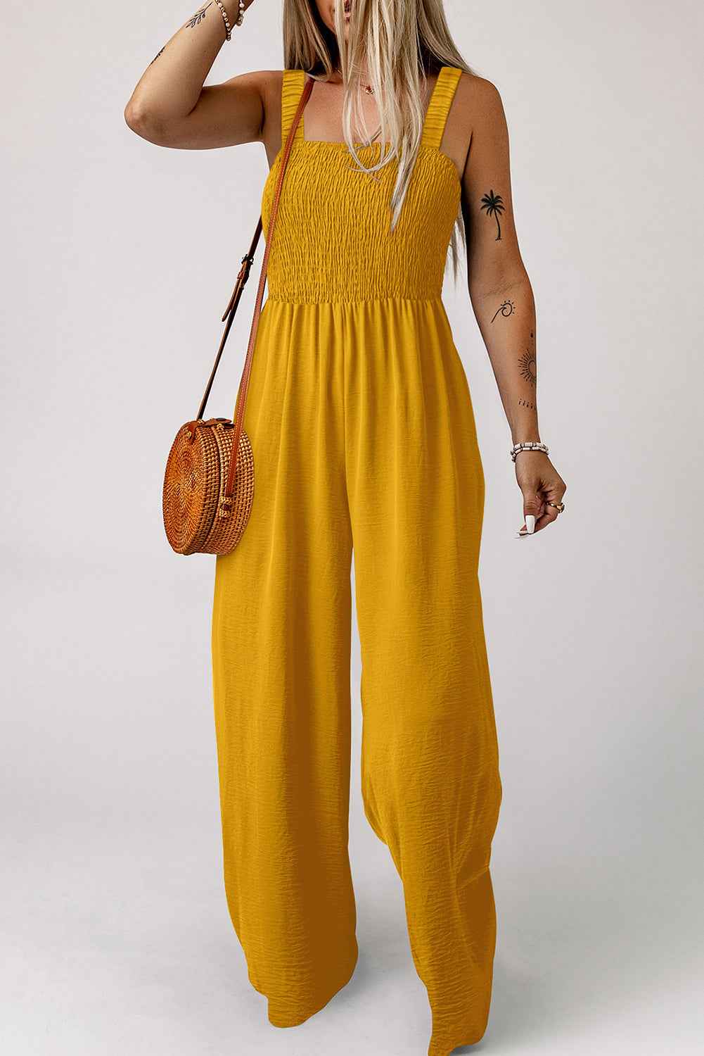 Ginger Smocked Sleeveless Wide Leg Jumpsuit with Pockets