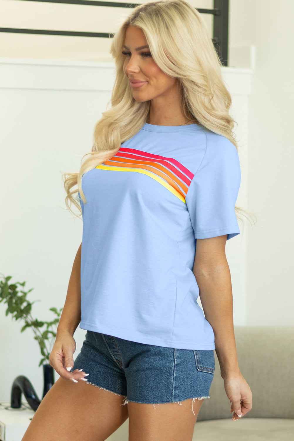 Beau Blue Striped Patch Front Casual Tee