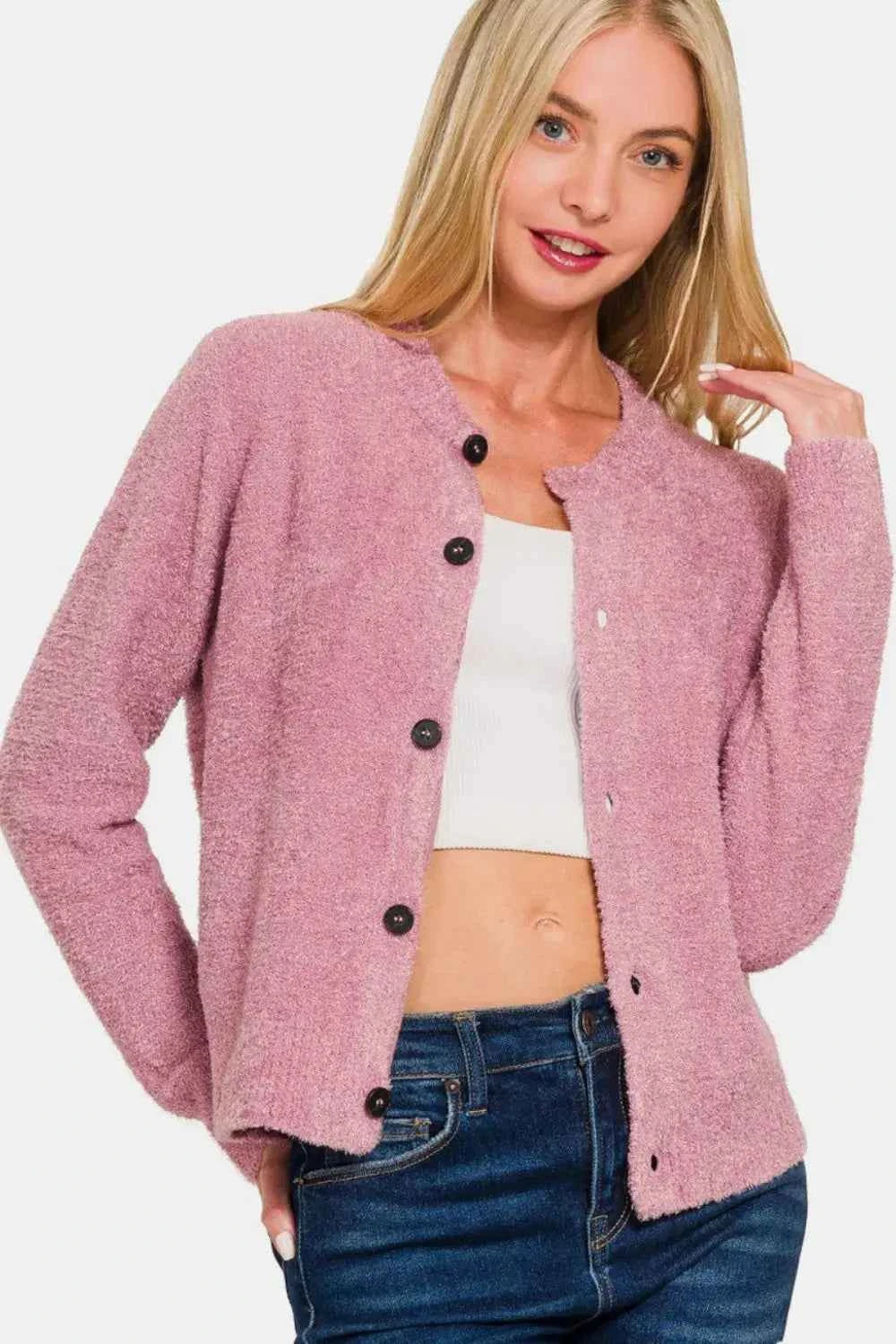 Zenana Button Down Long Sleeve Cardigan Sweater