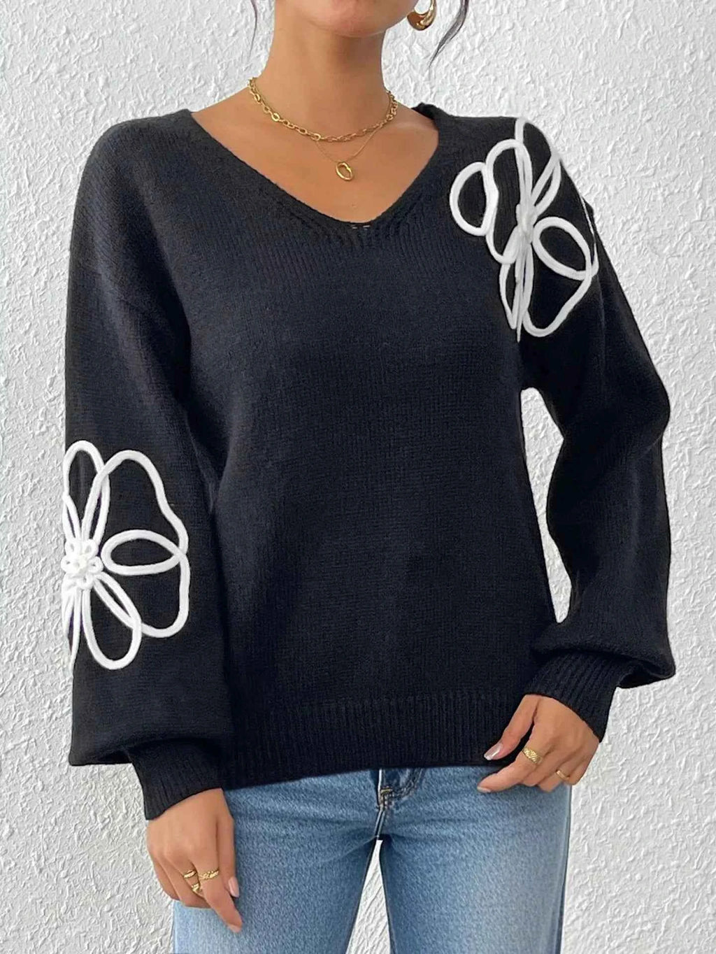 Flower V-Neck Long Sleeve Sweater