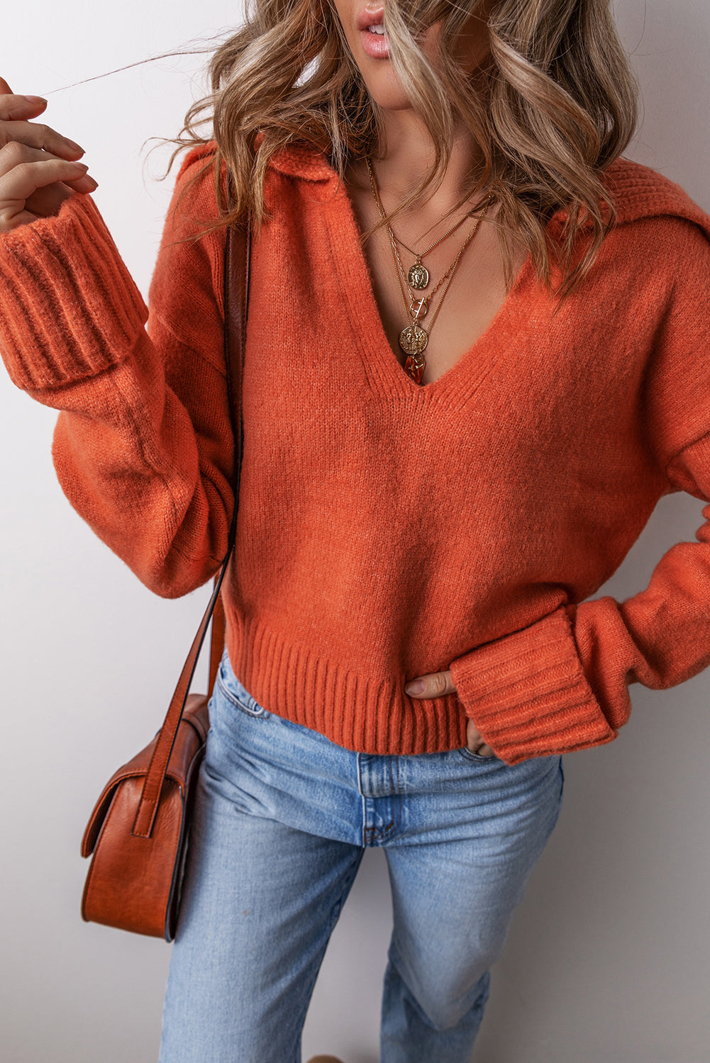 Racing Red Ribbed Edge Collared V Neck Loose Fit Sweater