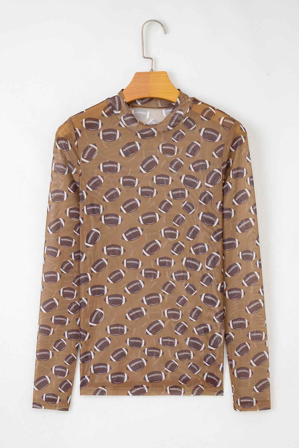 Brown Game Day Rugby Mesh Sheer Long Sleeve Top