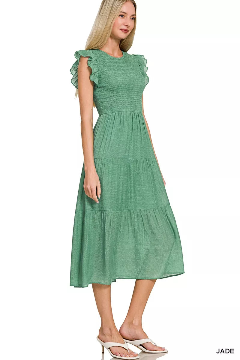 Zenana Woven Smocked Ruffle Sleeve Midi Dress by Selvanelle