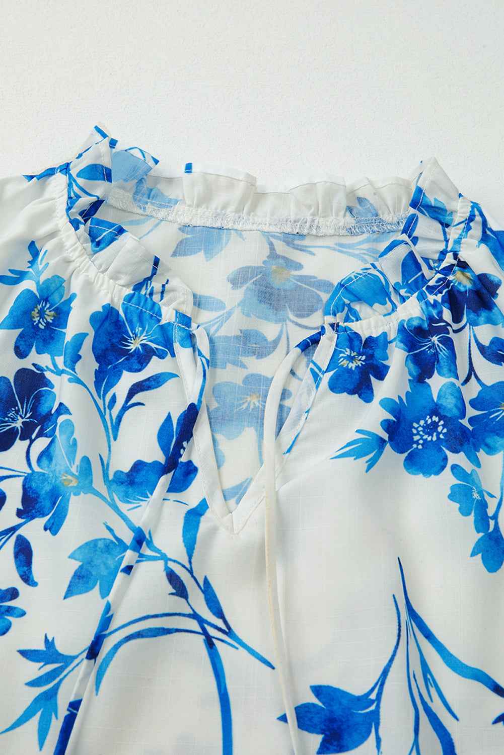 Blue Floral Long Sleeve Lace-up V Neck Blouse