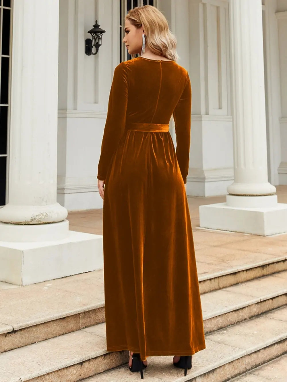Tie Front Round Neck Long Sleeve Maxi Dress by Shopiebay