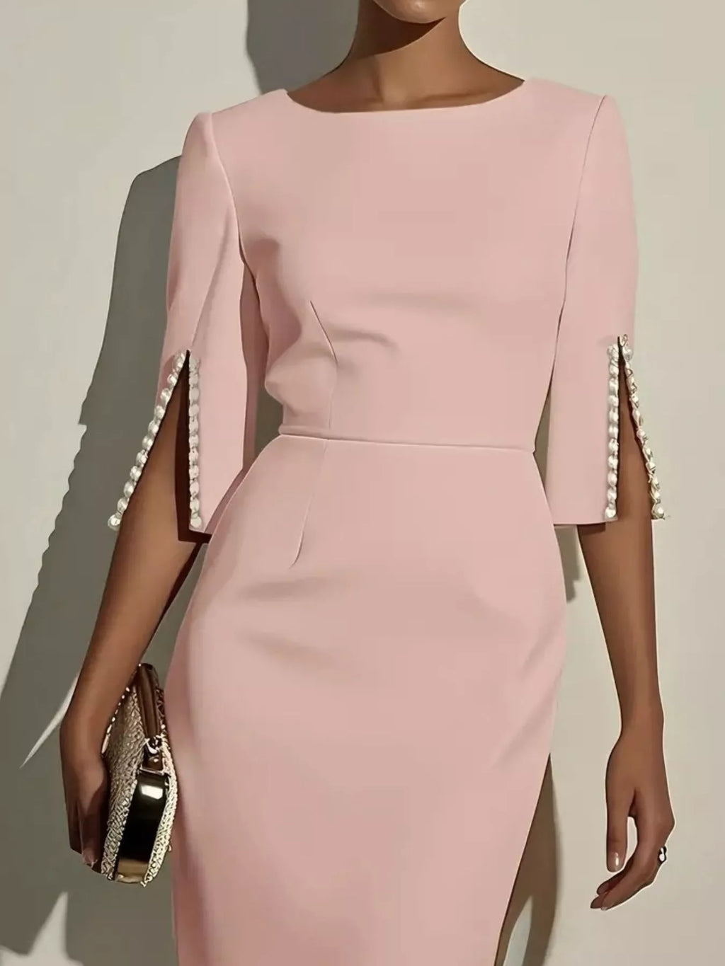 Slim-Fit Elegant Midi Dress with Beaded Slit Sleeve by Shopiebay