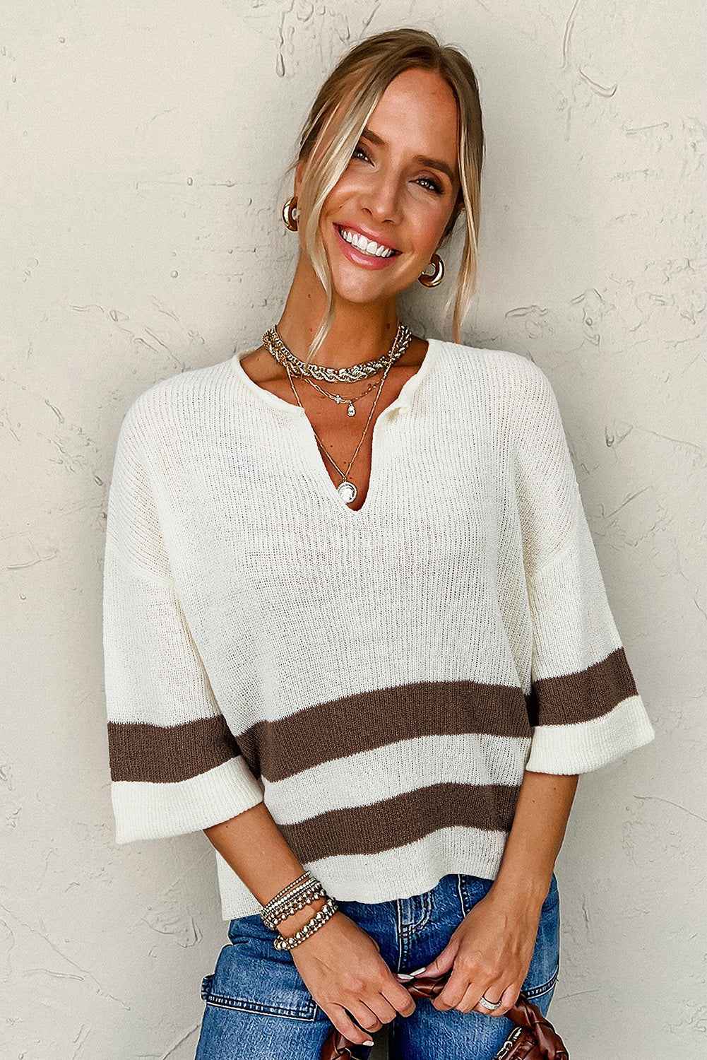 Brown Striped Accent Notched V Neck Cropped Sweater T Shirt