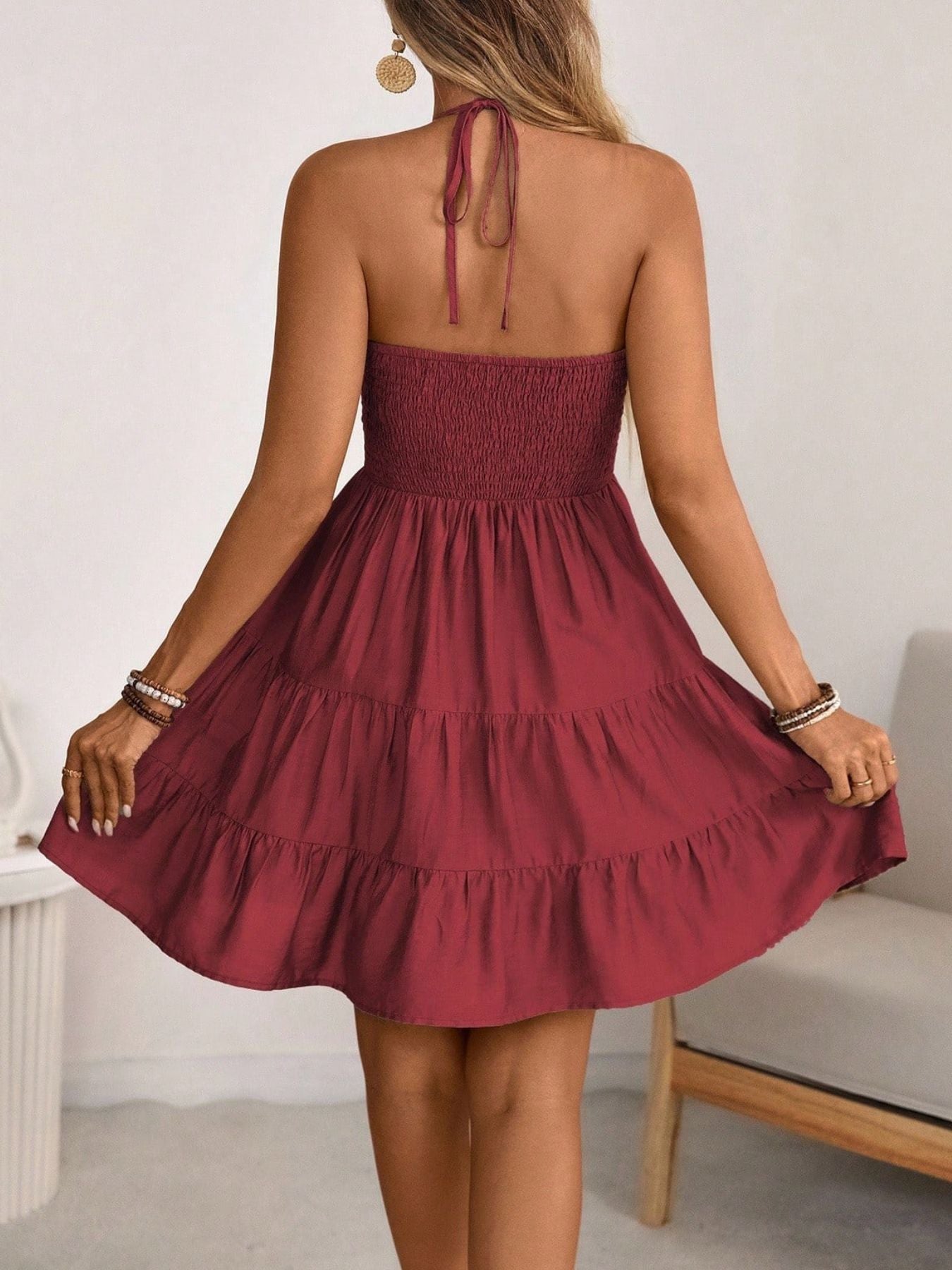Smocked Halter Neck Tiered Dress by Shopiebay