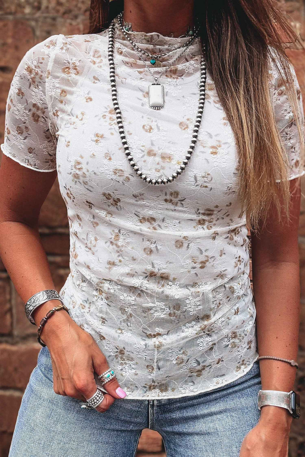 White Mock Neck Short Sleeve Floral Mesh Top